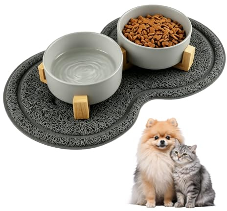 TOATELU Ciotola doppia per cani, in ceramica, 400 ml, con supporto in bambù e tappetino antiscivolo, per gatti e cani di piccola taglia, grigio