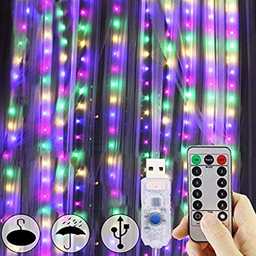 FANSIR Curtain Fairy Lights, 3m×3m 300LED Fairy Lights with 8 Modes Remote Control Timer Adjustable Brightness Waterproof Curtain Light Plug in for Bedroom Garden Party Wedding Christmas (Multicolor)