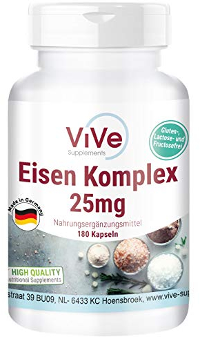 Eisen Komplex 25mg - 180 Kapseln - Eisenbisglycinat + Eisengluconat + Eisenbisglycinsulfat - Hochdosiert - Vegan | Qualität aus Deutschland von ViVe Supplements