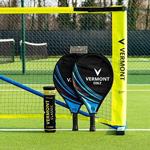 Vermont Procourt Mini Tennisnetz und Schläger Set │ Kinder, Jugendliche, Erwachsene │ Netz, Pfosten, Schläger und Bälle Werden alle enthalten (3m Netz, Kinder Schläger 48cm)