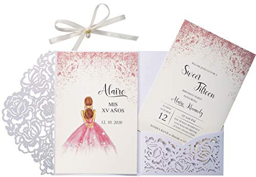 KUCHYNEE 20x Weiße Hochzeitseinladungskarten mit Perle lasergeschnittenem Flora und Umschlägen für Brautduschen Verlobungs Geburtstags Abschluss (20 Stück)