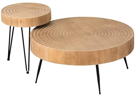 COZAYH 2-Piece Round Nesting Coffee Table Set, Natural Wood Top with Black Metal Legs, Ring Pattern – Rustic Farmhouse Accent for Living Room or Bedroom – Space-Saving Modern Furniture