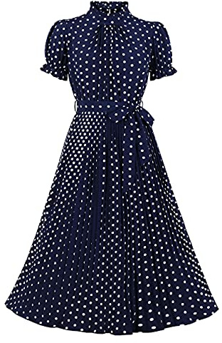 Wellwits Women's Polka Dots Pleated Midi Vintage Cocktail Formal Dress