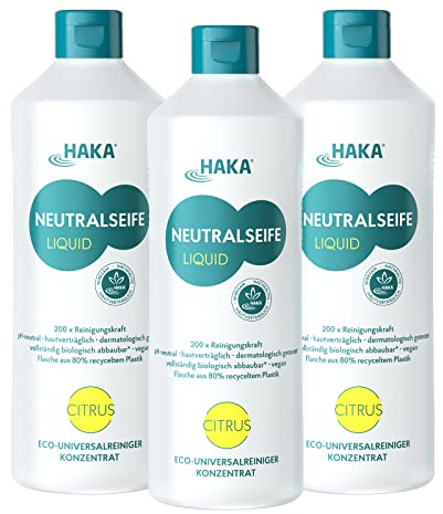 HAKA Neutralseife Liquid, Allzweckreiniger, 3x 1L, Universalreiniger für den Haushalt und Auto, pH-neutrales Reinigungsmittel, Konzentrat, Duft Citrus