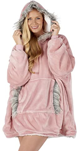 FAUX FUR EDGE Oversized Hoodie Blanket Women Ultra Plush Fleece Soft Sherpa Reversible Warm Cosy Comfy Wearable Hooded Giant Sweatshirt Throw Girls Adults Men Boys Kids Big Pocket