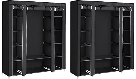 SONGMICS Armoire de Rangement en Tissu, Lot de 2, Penderie avec Housse, Placard, Garde-Robe, 45 x 150 x 175 cm, 12 Compartiments, Cadre en Métal, pour Chambre, Vestiaire, Noir LBD019B02