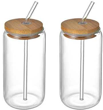 Flueyer Lot de 4 verres à bière avec couvercles en bambou et paille de 368,5 g pour jus, bière, soda, boissons glacées et cocktails