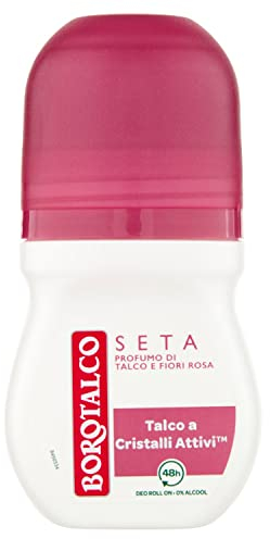 Borotalco, Deodorante Roll On Seta, Formula Senza Alcool e con Talco a Cristalli Attivi, Tripla Protezione Asciutta, Profumo di Talco e Fiori Rosa, 48h di Efficacia - 1 Flacone da 50 ml