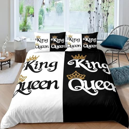 Ensemble de Literie King et Queen 220x240 Housse de Couette Noire et Blanche pour Adulte Couple Femmes Hommes Parure de Lit Sweet Love Decor Housse Couette En Microfibre de Luxe Cadeaux 3 pièces