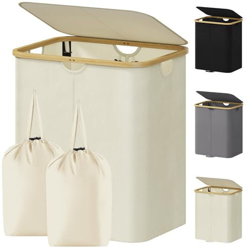 Lifewit 120L Pfandflaschen Sammelbehälter mit 2 Fächern und Deckel, Beige | Großer Leergut Sammelbehälter und Flaschensammler mit Deckel und 2 herausnehmbaren Taschen für Küche und Abstellraum