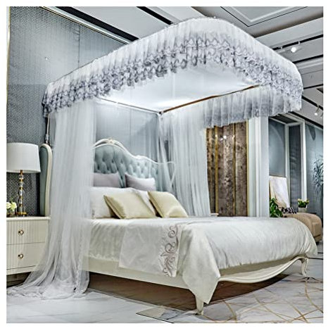 Betthimmel Sommer-Betthimmel-Moskitonetz mit Spitzenkante, romantischer Bettvorhang, geeignet for Einzel- und Doppelbetten, mit U-förmiger Stütze (Color : White, Size : 180X220CM)
