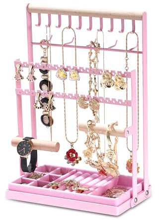 Schmuckständer Schmuckhalter,Kettenhalter aus Holz und Metall, Schmuck Ketten Organizer Ständer mit herausnehmbarem Aufbewahrungsbasis, für Halsketten Armbänder Ohrringe Ringe, Geschenkidee, Rosa