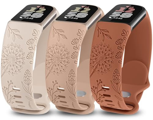 TOYOUTHS 3 Packs Floral Engraved Compatible with Fitbit Charge 5/Charge 6 Strap for Women, Soft Waterproof Silicone Sport Band with Cute Dandelion Flower Pattern, Starlight+Milk Tea+Brown