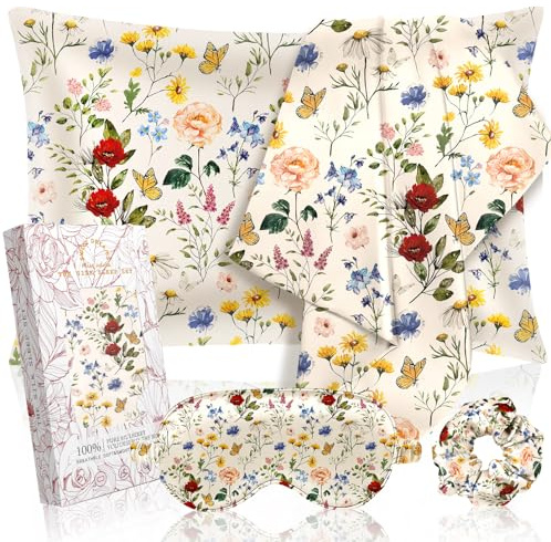 Miss Adola Mulberry 1Pack Silk Pillow Case for Hair and Skin 19 Momme Standard 75 x 50cm Silk Pillowcase with Eye Mask & Scrunchie Soft Pillowcase Sleeping Gift for Women, Vintage Flower