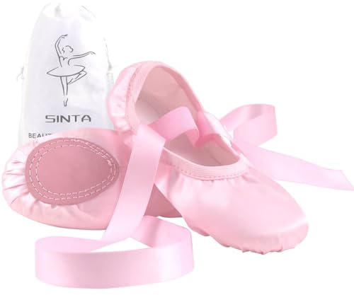 Sinta Balettskor satin med band professionella danstofflor yoga gymnastik tofflor balett platt läder delad sula för äldre flickor kvinnor, Rosa, 13 UK