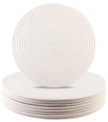 Round Woven Placemats Set of 8 Heat Resistant Placemats 13.5 Inches Farmhouse Cotton Rope Place Mats for Dining Tables Trivets for Hot Dishes, White