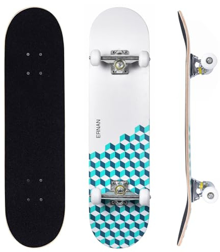 ERNAN Skateboard komplett för nybörjare. 31 * 8 tum professionell komplett skateboard Double Kick Deck Konkav med 7 lager för vuxna, pojkar, flickor. (vit)