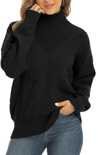JFAN Jersey de Punto Cuello Alto Mujer Suéter de Manga Larga Vintage Rombos Jerséis Casual para Invierno Otoño Negro L