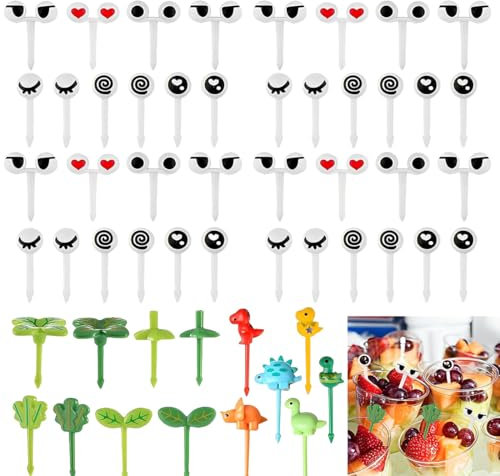 ORGYAML 54 Stück Food Picks, Obstgabeln, Mini Augen Obst Gabel, Wiederverwendbar Obst Zahnstocher für Desserts Obst Gebäck Party Mittagessen Bento, für Kuchen Desserts für Kinder Erwachsene