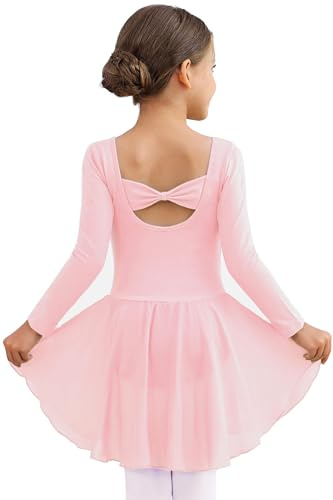 MdnMd Ballet Leotards for Girls Toddler Long Sleeve Dance Leotard Skirted Gymnastics Ballerina Outfit AM300 (Ballet Pink, 4-6 Years)
