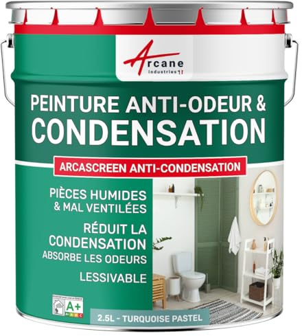 Peinture Anti Condensation, Anti Odeur, Moisissure 2.5 L Turquoise Pastel | Anti-Condensation et Anti-Odeur, Limite les Moisissures, Lavable, Murs et Plafonds, Pièces Humides - Arcane Industries