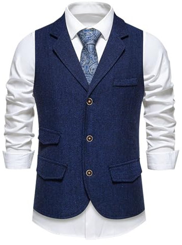 Herren Tweed Anzugweste Vintage formelle Weste für Business und Freizeit Slim Fit Fischgrätenweste Hochzeit Party Kleid Weste für Männer Ärmellose Knopfleiste Weste, navy, XXL