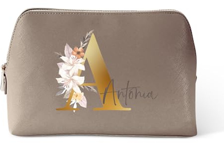 Love Faith personalisierte Kosmetiktasche - Taupe - 25x16x10,3 cm | Wähle Initiale & Namen für die Gravur - Hochwertiger PU-Kulturbeutel - Praktischer Reisebegleiter für Frauen