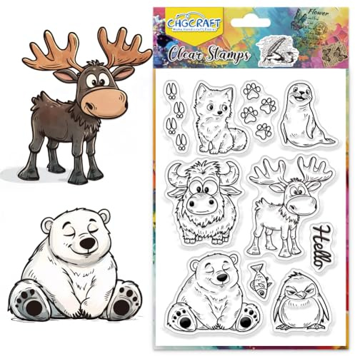 CHGCRAFT Klare Silikonstempel mit Polartieren – 4, 3 x 6, 3 Zoll （ca. 110 x 160 mm） transparente Stempelplatte mit Eisbär, Robbe & Pinguin für DIY Scrapbooking, Weihnachtskarten & Fotoalben