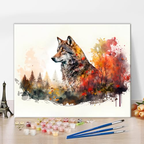 TISHIRON Wolf Im Wald Malerei Nach Zahlen Für Erwachsene | Herbst saison wolf kunst 16x20 zoll ungerahmte ölgemälde auf leinwand kunst und handwerk DIY-kits geschenke wanddekoration