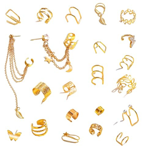 Kotkiddy 22 Stück Gold Ohrkragen Ohrringe für Frauen Nicht durchstochen leichtgewichtig, anpassbar hypoallergenisch falsch Clip On Cartilage Butterfly Chain Twist Helix Ohrringe Set