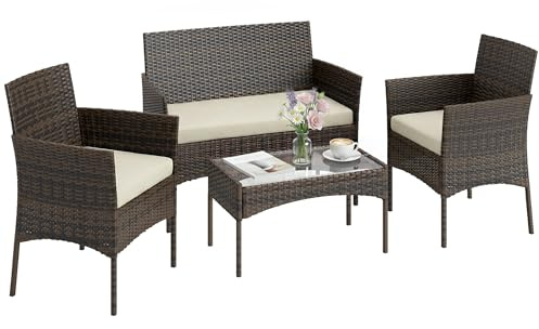 Outsunny Conjunto Jardín Exterior de Ratán con Cojines Conjunto Terraza Resistente a la Intemperie Muebles Jardín Exterior con 2 Sillones Sofá de 2 Plazas Mesa con Cristal Marrón