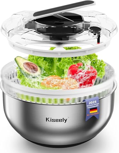 Salatschleuder aus Edelstahl, leicht zu drückender großer Gemüsetrockner, Zum Salat waschen und trocknen, 4,2L, mit Schüssel und Deckel aus Edelstahl 304 für Salat, Gemüse, Kräuter, Beeren (HJ1)