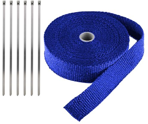 LKRXW Hitzeschutzband Auspuffband Glasfaser Auspuff Isolierband Motorrad Auspuffkrümmer Band Hitzeschild Thermoband Krümmerband Wickelband Blau 2,5CM x 10M mit 6 Kabelbinder