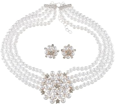 Niaspi Big CZ Pearl Statement Jewelry Set for Women Dainty Faux Pearls Layered Choker Necklace Earrings Bohemian Cyrstal Ball Flower Necklaces Adjustable Comfort Fit Exaggerated Jewelry Gifts