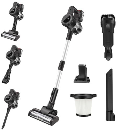 DayPlus Aspirapolvere a batteria da 500 W, con 1 batteria da 3 Ah, 15000 Pa, con filtro HEPA lavabile, spazzola rotante, aspirapolvere a batteria per pavimenti duri, tappeti e peli di animali