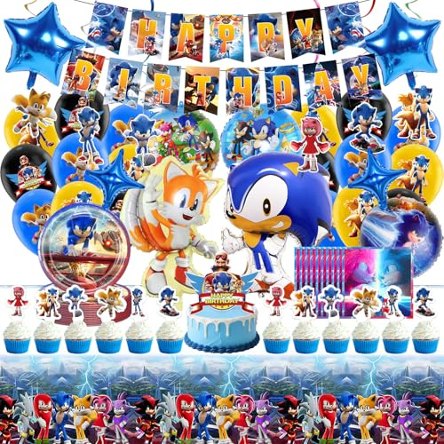 68 Stück Geburtstagsdeko Kinder, Cartoon Deko Geburtstag mit Tischdecke Banner Spiralen Luftballons Foil Balloon Tortendeko Servietten für 4 5 6 7 8 9 jahre Jungen Mädchen Geburtstags Party