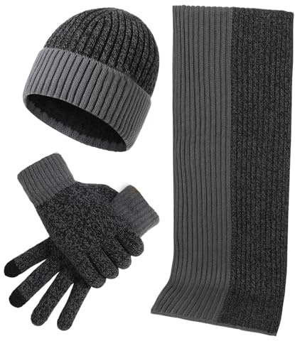 YAMEE Wintermütze Schal Handschuhe Set für Herren Mode Einfache,Damen Beanie Strickmütze Langer Schal Touchscreen Handschuhe,Weiches Strick-Set für Männer Frauen,Zweifarbige Design