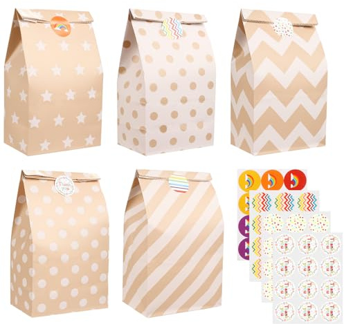 Paper Bags 40 Pcs Brown Kraft Paper Bags with 48 stickers Small Gift Bag 9.4‘’ x 5.1‘’ x 3.1‘’ for Food Gifts Groceries Sandwiches
