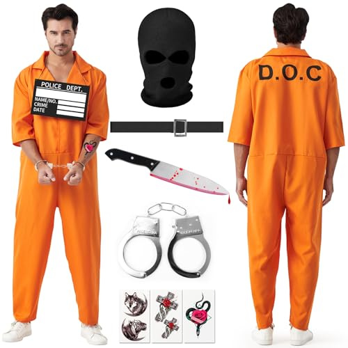 Lozzzyo Mono Naranja Disfraz de Preso para Hombre, Disfraz de Carnaval Masculino con Placa Identificativa, Esposas, Daga, Capucha y Pegatinas, Disfraz de Preso para Carnaval y Cosplay Hombre (XL)