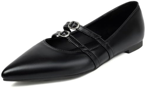 MiaZane Zapatos Planos Bailarina Mary Jane para Mujer Punta Puntiaguda Cómodos Casual Sin Cordones para Trabajo Oficina Diario con Doble Hebilla,Negro,38 EU