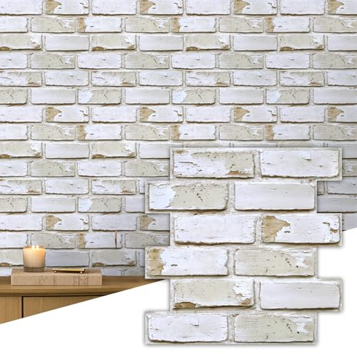 Commomy 3D Faux Brick Wall Panels Self Adhesive Wall Stickers Warm White | 10 Pcs 11.8 x 11.8 Thin PVC Fake Brick Wallpaper Tiles for Kitchen,Bathroom,Quick DIY Home Wall Decor(9.7 sq.ft)