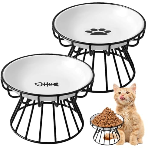 Piashow Set di 2 ciotole rialzate per gatti – Ciotola rialzata per gatti con supporto in metallo, stazione di alimentazione anti-vomito per gatti e cuccioli, Whisker Friendly Design, ideale per cibo e