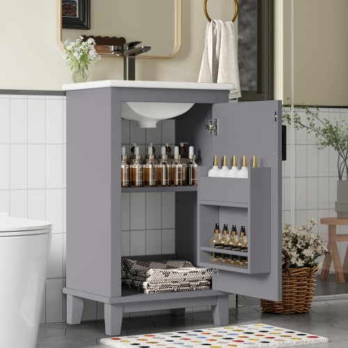 muenfly Waschtisch mit Unterschrank, Bodenstehend, 51x34x83cm, Grau, Integriertes Keramik-Waschbecken, Verstellbare Regale, Ideal für Kleine Badezimmer