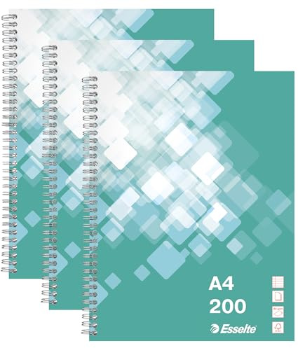 Esselte Collegeblock A4 liniert grün – 3er-Pack Notizblock – Doppelspiralbindung, 200 Blatt mikroperforiertes Papier 80 g/m², 8 mm Zeilenabstand, 4-Loch-Stanzung – Für zu Hause, Büro & Schule, 629017