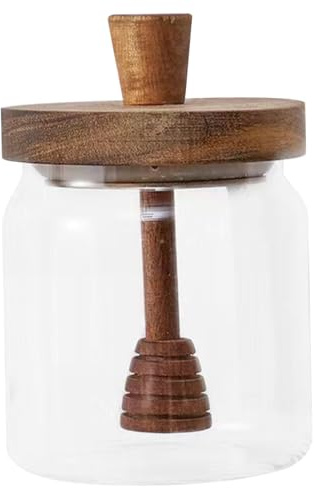 AwnsIMfreien Honey Jar with Wood Dipper and Lid, 400ml Sealing High Borosilicate Glass Honey Pot, Dust & Moisture Proof Pot for and Syrup