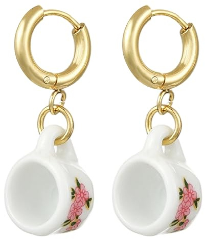 Bestewelry Vintage Drop Earrings Ceramic Teacup & Saucer Motif Dangle Earrings Stainless Steel Hoop Earring with Cup Porcelain Pendant for Women Statement Jewelry