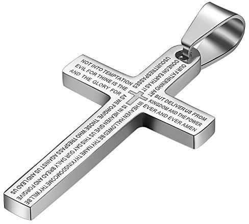JewelryWe Schmuck Edelstahl Bibel Gebet Kreuz Anhänger mit 55cm Kette, Halskette für Herren Damen, Gold Silber Schwarz Blau