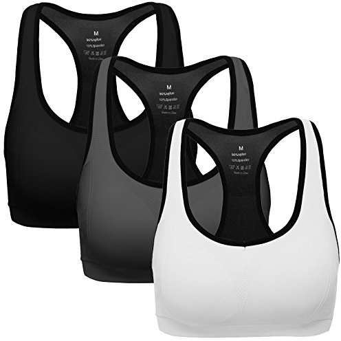 MIRITY Women Racerback Sports Bras - High Impact Workout Gym Activewear Bra Pack of 3 Color Black Grey White Size L