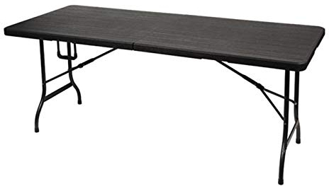 Perel Tavolo pieghevole, tavolo buffet, tavolo da campeggio, tavolo da picnic, effetto legno nero, pieghevole portatile con maniglia, piano in HDPE e telaio in acciaio 180 x 75 x 72 cm, interno ed