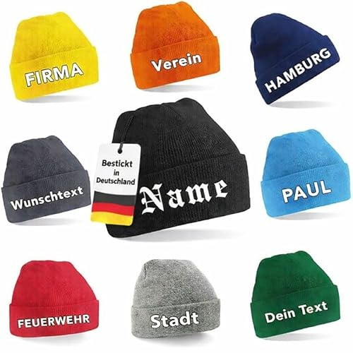 Personalisierte Strickmütze mit Wunschtext – Beanie mit hochwertiger Stickerei auf Umschlag – warme Unisex Wintermütze für Damen & Herren – individuell Bestickt, elastisch & pflegeleicht